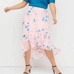 NEW Lane Bryant Chiffon Pink Floral Faux Wrap Ruffle Hi-low Skirt Plus 18/20